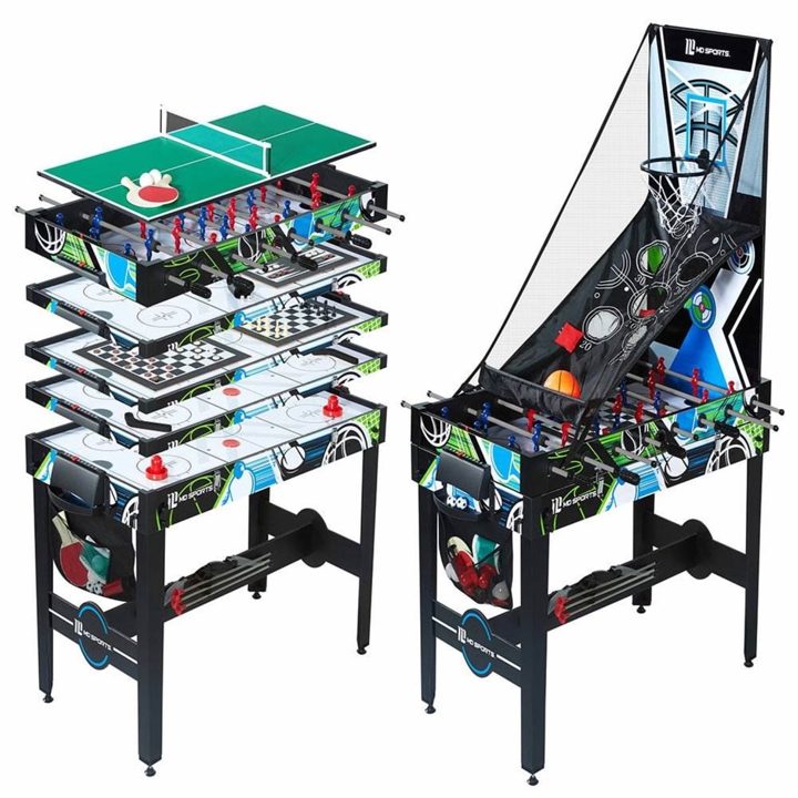 Retailer catalog photo of the 12-in-1 table shown as an exploded stack of game tops