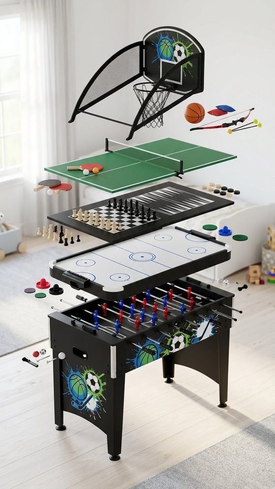 Campaign still: the twelve game tops stacked on the table in a child's room at night