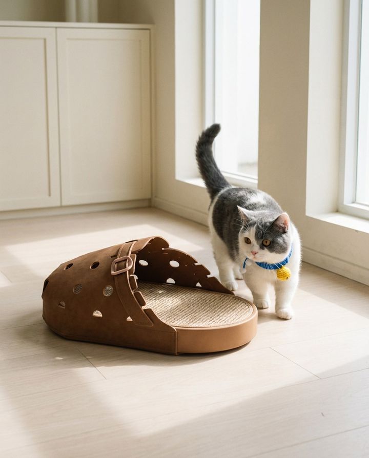 Campaign still: the cat walking past the clog bed beside tall windows in a cream room