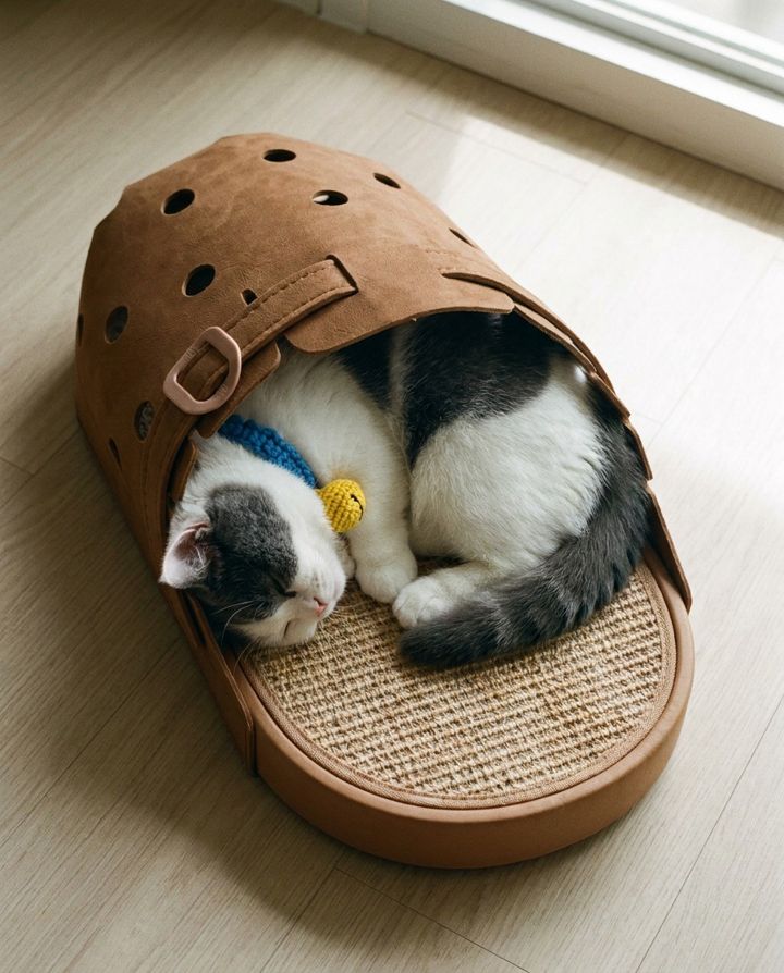 Campaign still: the cat curled up asleep inside the clog-shaped bed, seen from above in soft window light