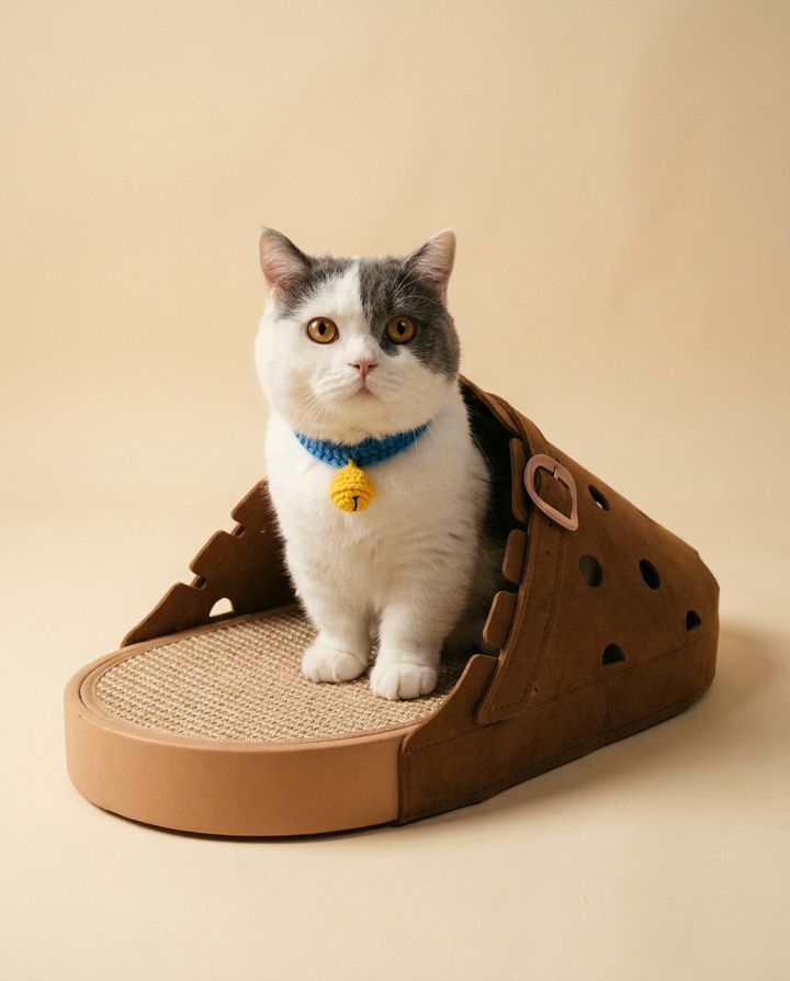 Campaign still: the cat sitting upright inside the clog bed against a warm beige studio backdrop