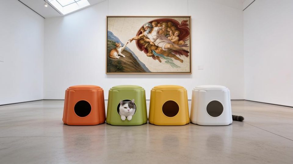 Four MEOWSON stools in a gallery, persimmon, bamboo, imperial yellow and moon white, with the cat inside the green one