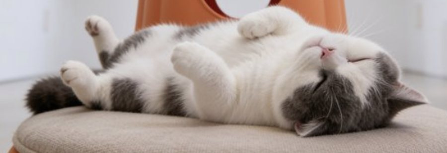 The same grey and white cat, asleep on its back on a padded seat