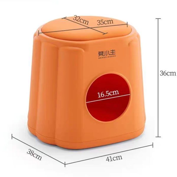 The factory listing photo of the orange stool with its dimensions marked: 36 centimetres high, a 16.5 centimetre door