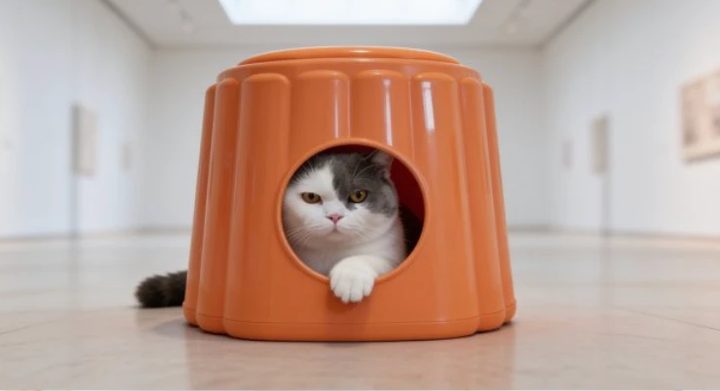Campaign still: the cat looking out through the round door of the stool
