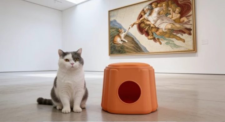 Campaign still: the cat sitting beside the stool under a painting in the gallery