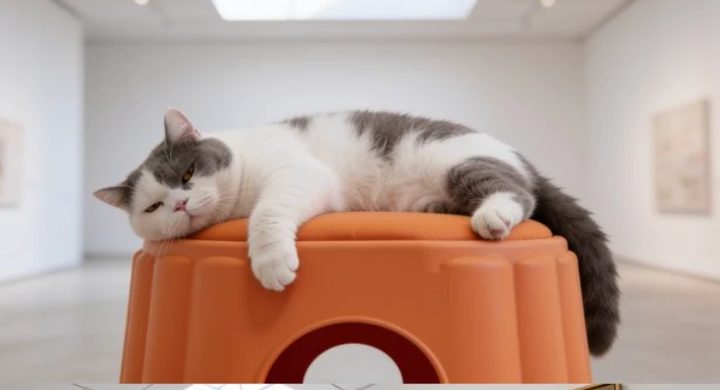 Campaign still: the cat lounging across the padded seat with one paw hanging over the edge