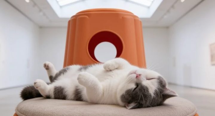 Campaign still: the cat asleep on its back on the padded seat