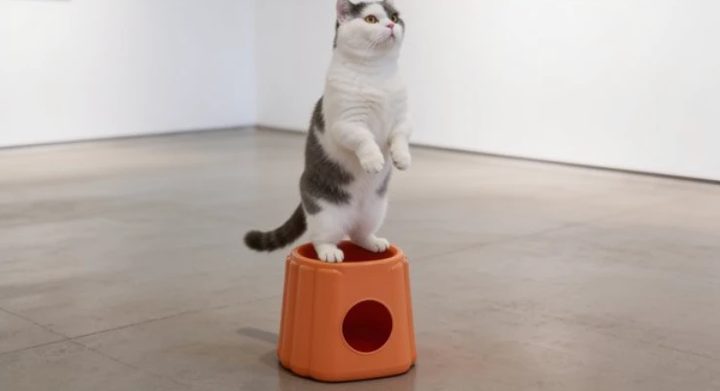Campaign still: the cat standing upright on the stool like a statue on a plinth
