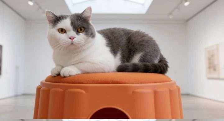 Campaign still: the cat sitting on top of the persimmon stool in a white gallery