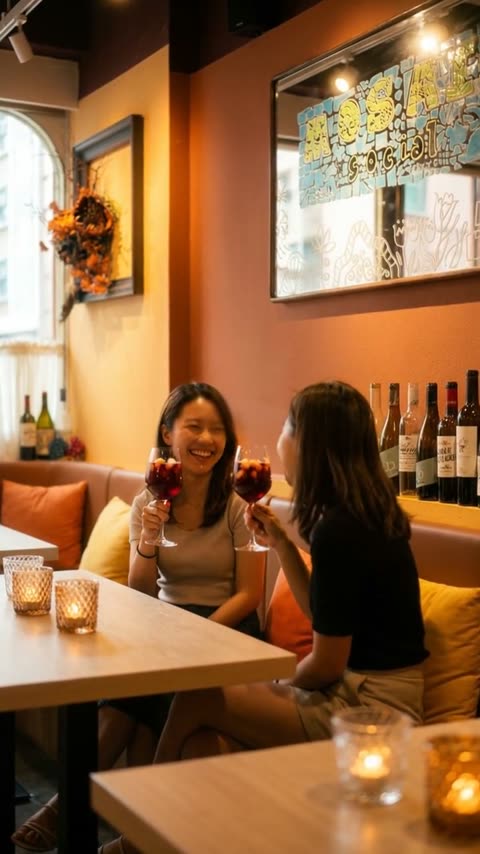 Film frame: two friends at the banquette clinking glasses of sangria under the mosaic-tile mirror