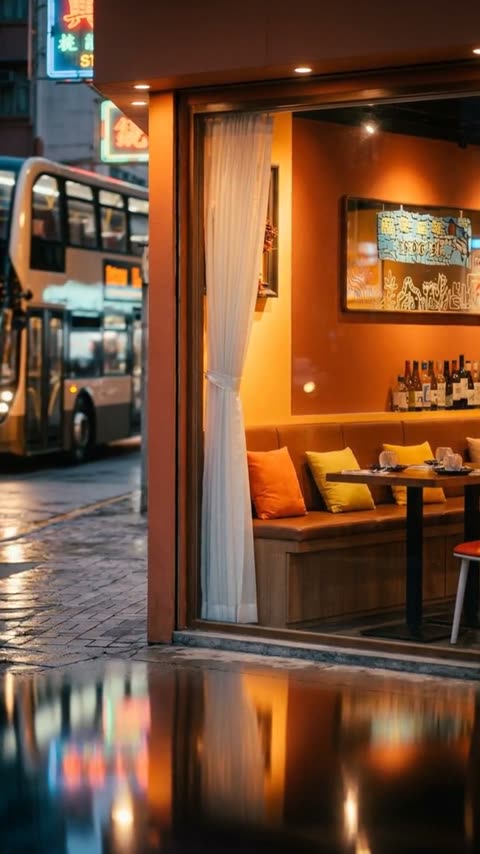 Film frame: Hak Po Street at blue hour, the restaurant window glowing orange, a bus passing