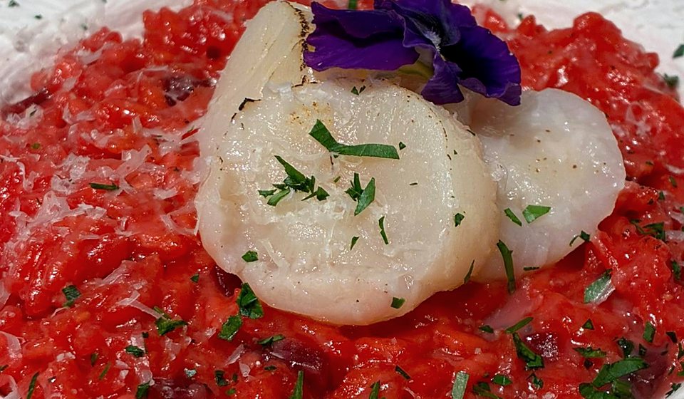 The owner's phone photo of seared scallops on beetroot risotto with a purple edible flower